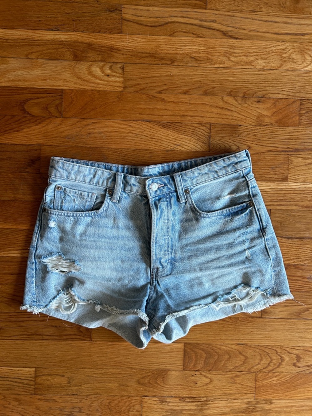 HM &Denim Light Blue Distressed Denim Women's Shorts